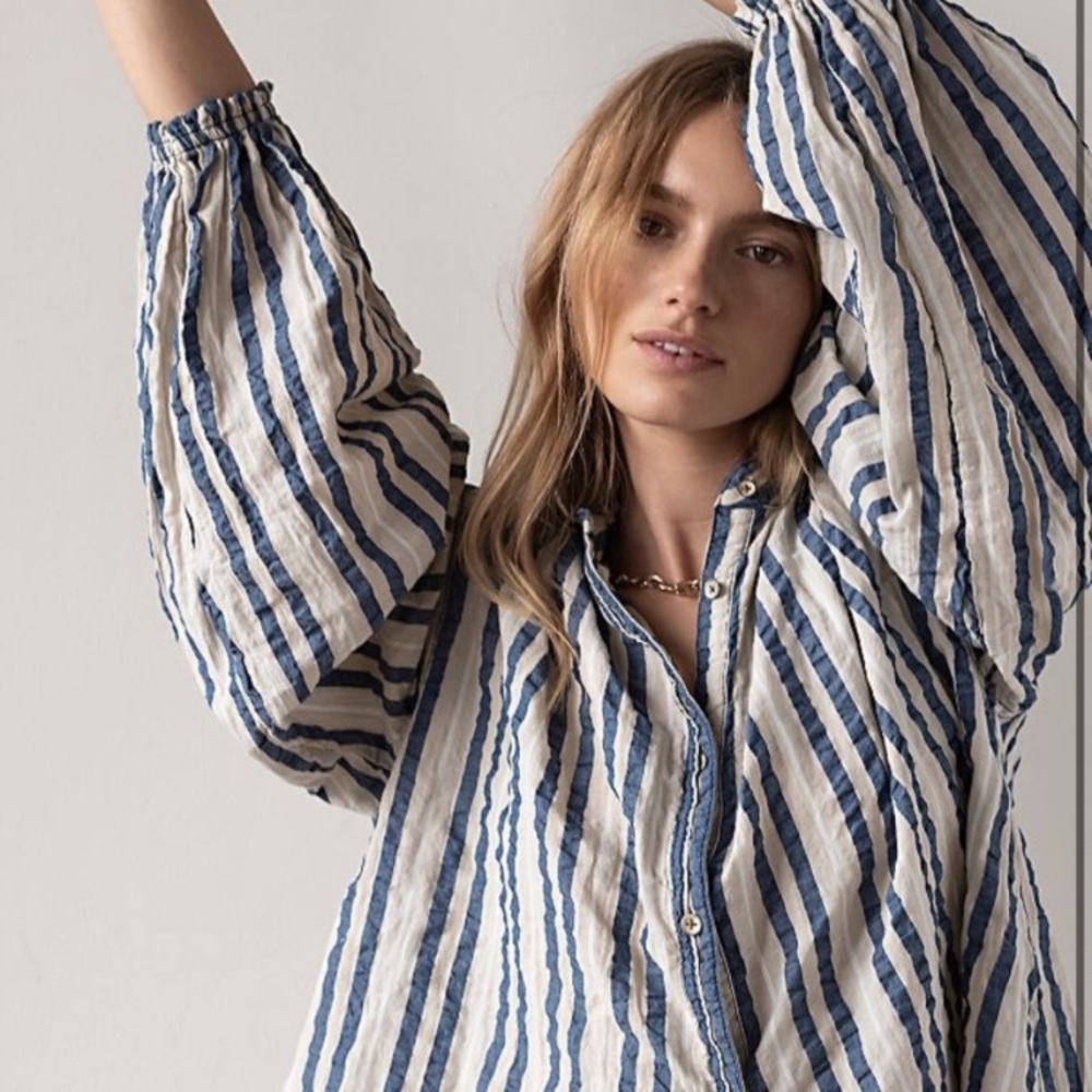 We the Free Set Sail Striped Button Down Oversized Long Sleeve Top Size Medium - Picture 2 of 16